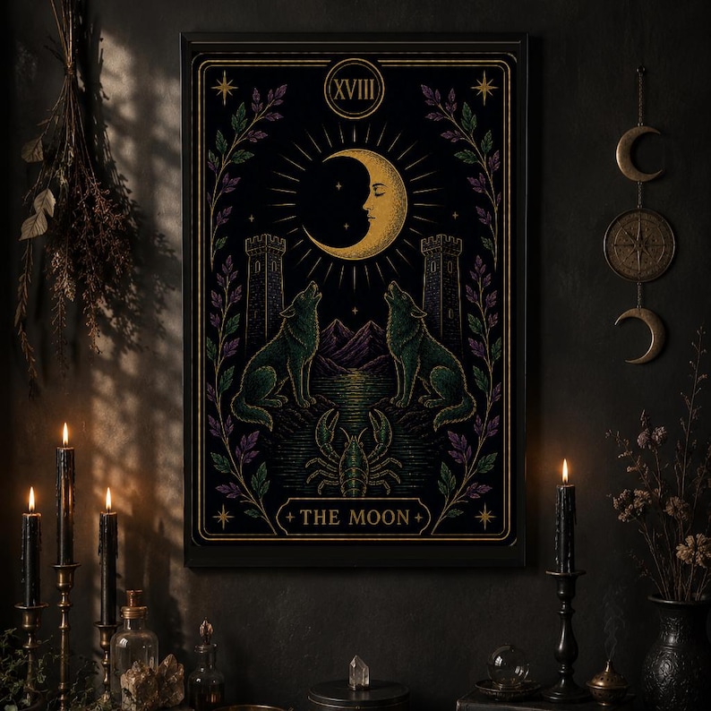 May include: A framed tarot card print featuring a crescent moon with a face, two howling wolves, and the text "THE MOON." The artwork has a dark color palette with gold and purple accents, and is surrounded by decorative foliage.