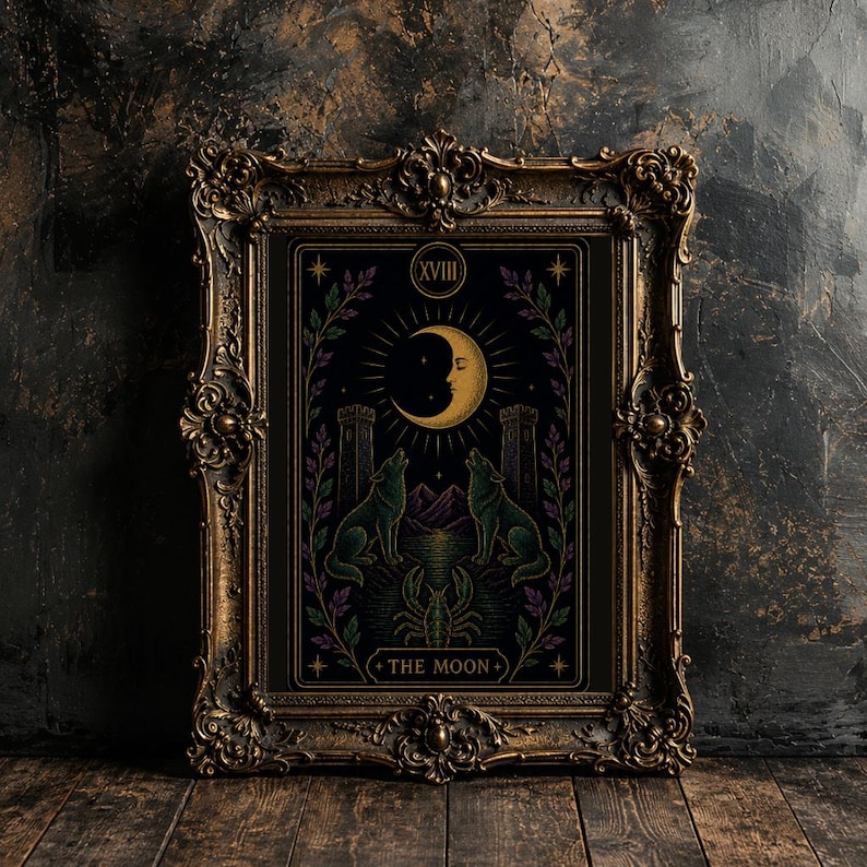 May include: A framed tarot card print featuring a crescent moon, two howling wolves, and the text "THE MOON." The artwork is in a decorative gold frame. The color palette includes black, gold, green, and purple.