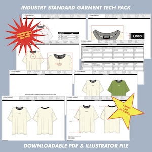 May include: A collection of garment tech pack templates with t-shirt designs. The designs include front and back views, technical details, and a logo placement guide. Text includes "Industry Standard Garment Tech Pack", "Professional Factory Ready Tech Pack!", and "Downloadable PDF & Illustrator File."
