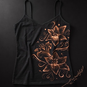 Puede incluir: Una camiseta de tirantes negra con una ilustración dibujada a mano en color cobre de tres flores de lirio con detalles de enredaderas. El diseño se sitúa en el lado derecho de la prenda, que cuenta con tirantes finos y un escote en pico.