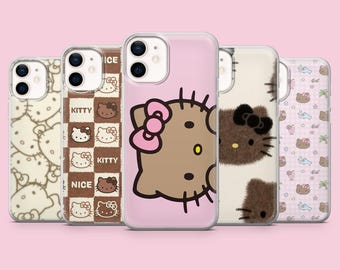 Brown Hello Kitty phone case Kawaii anime cover for iPhone 17, 16Pro, 15, 14, 13, 12, Samsung S26, S25, S24, S23, A16, A56, A57, Pixel 10Pro