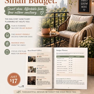 May include: An advertisement for a balcony planning kit. The image shows a cozy balcony with a chair, plants, and a sign that says "Good Vibes Grow Here." The kit promises smart ideas and affordable finds for outdoor spaces.