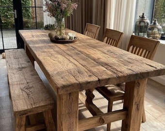 Handmade Wooden Dining Table – Rustic Live Edge Walnut Farmhouse Table