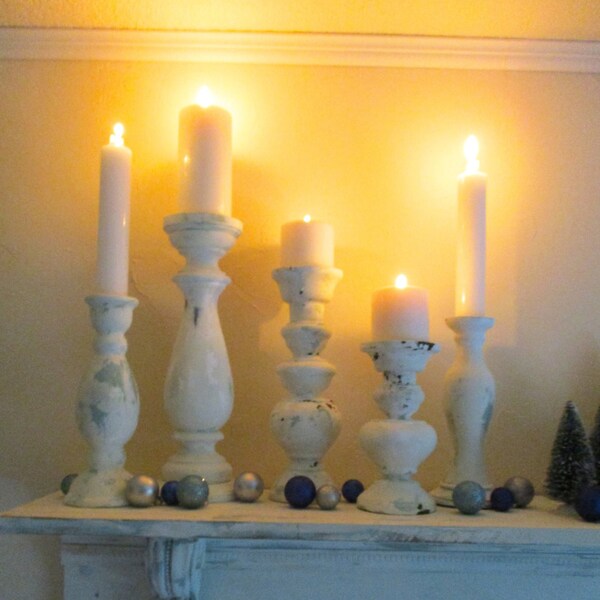 White Candle Holders Wedding Decor Christmas Decoration Shabby Chic Cottage Set of 5 Chippy White Paint