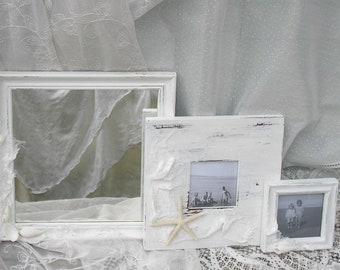 White Beach Cottage Frame Set / 2 Frames and Mirror Set / / Shabby Chic Frames with Glass and Backings Coastal Decor / UpstairsAtAliceAnns