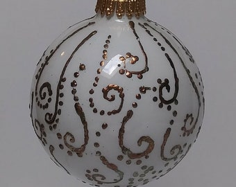 Hand Painted White Round Glass Christmas Ornament with Bronze Gold Leaf Design  #111