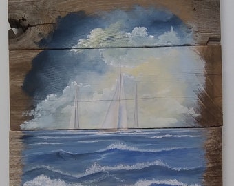 Hand Painted Sailboat Barnwood Painting