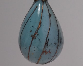 Glass Tear Drop Christmas Ornament Hand Painted Robins Egg Blue  with Bronze Gold Leaf  #110