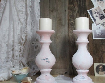 Large Pink Candle Holders Washed in White / Wedding Decor / Shabby Chic Cottage / French Farmhouse / UpstairsAtAliceAnns
