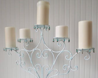 Large metal candle holder Mantel Aqua Shabby cottage chic Beach Coastal decor UpstairsAtAliceAnns