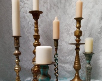 Vintage Boho Candle Holders / Set of 6 Metal Brass with Patina Candle Holders / Wedding Decor / UpstairsAtAliceAnns