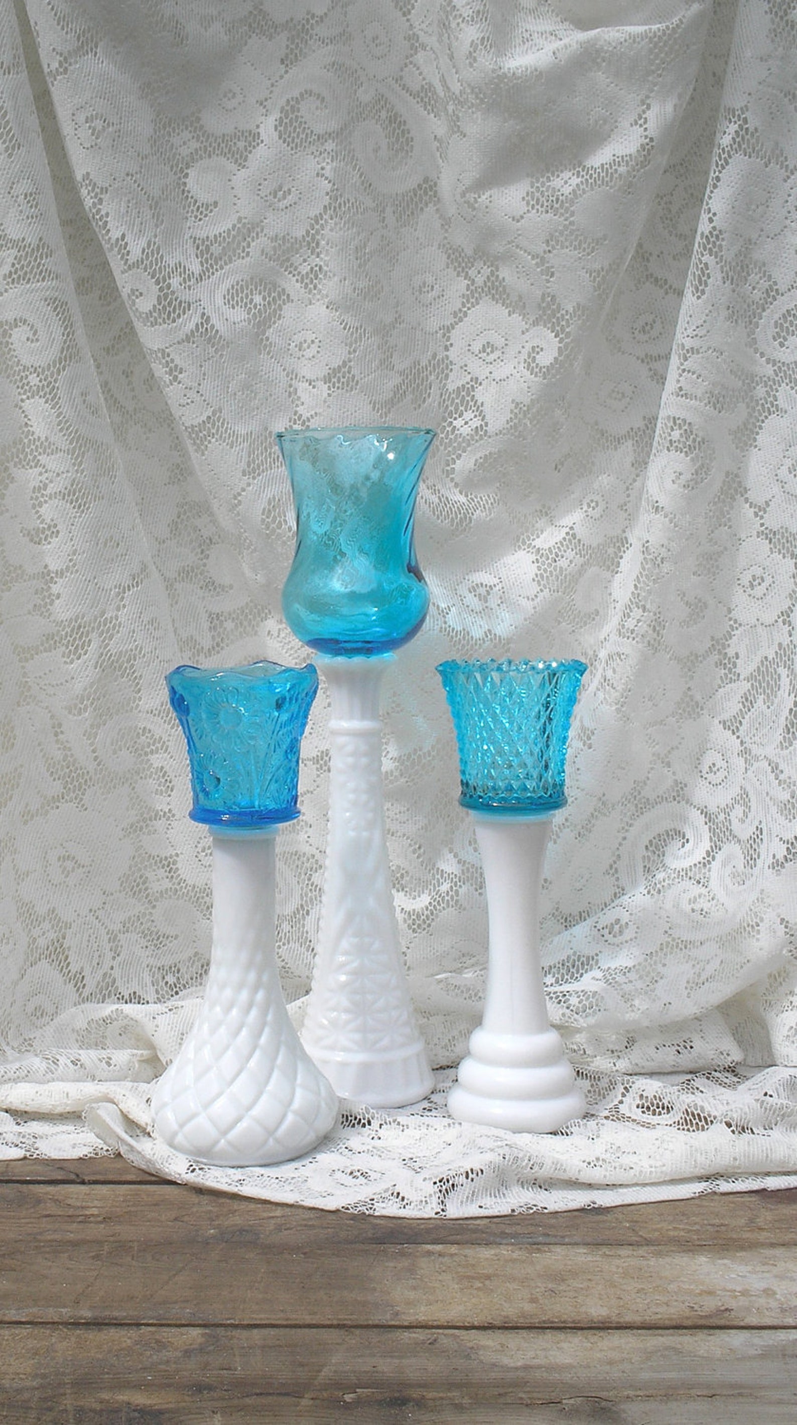 Milk Glass Candle Holders Set of 3 Upcycled Vases Shabby Etsy