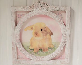 Nursery Art / Bunny Rabbit Fabric Painting / Pink Frame / Baby Toddler Girl Nursery / Original Artwork / UpstairsAtAliceAnns