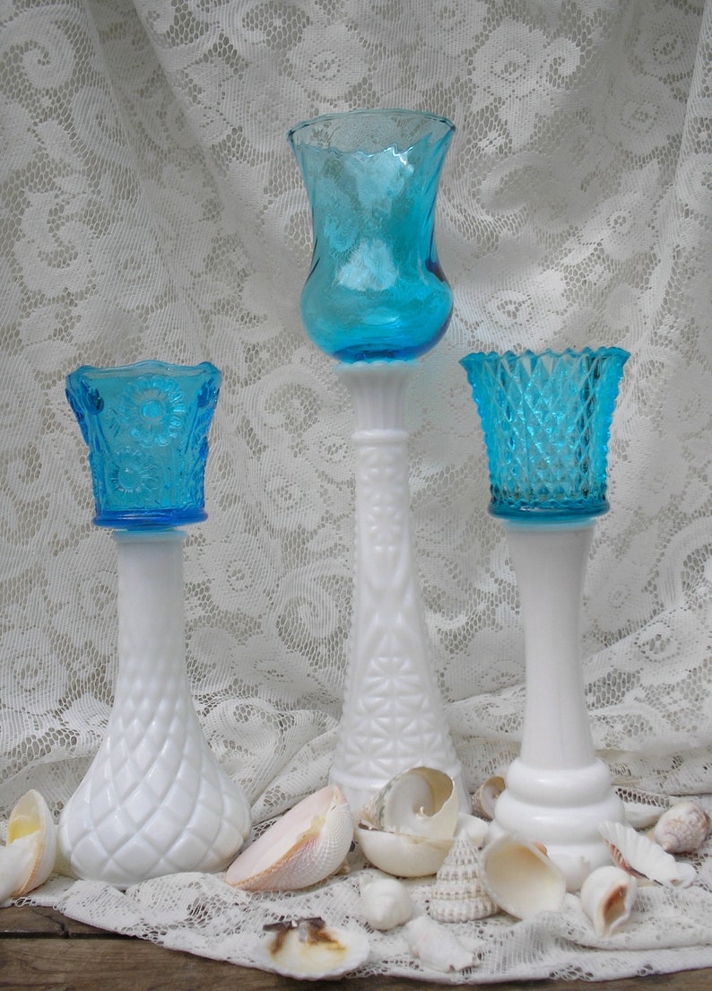 Milk Glass Candle Holders Set of 3 Upcycled Vases Shabby | Etsy