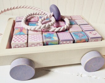Wood toy wagon / 24 blocks / Handmade / Toddler pull toy / UpstairsAtAliceAnns