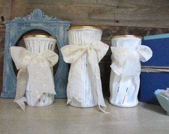 3 White Hand Painted Glass Vases with Gold Leafing  / White Wedding / Shabby Chic Beach Cottage / French Farmhouse