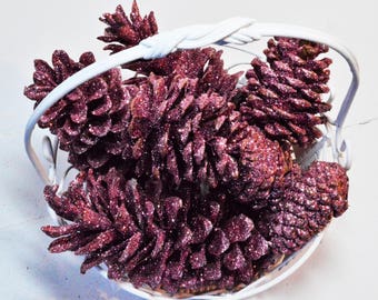 Christmas basket /  Christmas Centerpiece / Pink glitter pine cones / UpstairsAtAliceAnns