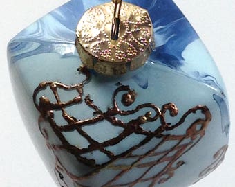 Blue Marbled Glass Cube Christmas Ornament with Bronze Gold Leaf UpstairsAtAliceAnns  #003