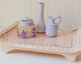 Wicker Display Tray with Decorative Containers / Pink and Lavender / Vintage Shabby Cottage / French farmhouse / UpstairsAtAliceAnns