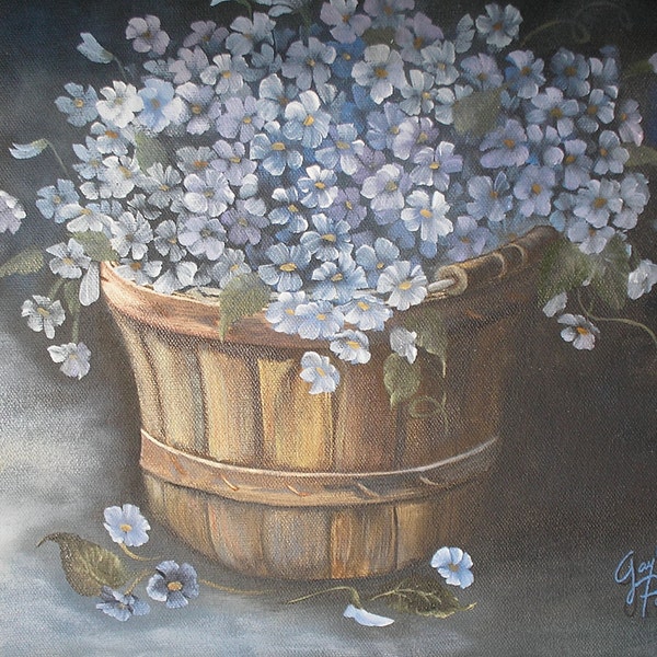 Vintage Oil Painting Floral with Blue Wild Flowers in Bushel Basket Shabby Chic