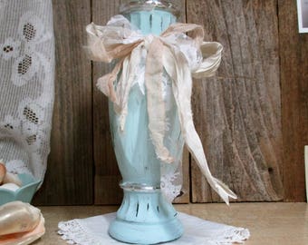 Hand Painted Glass Vase / Turquoise French Farmhouse / Beach Cottage / UpstairsAtAliceAnns