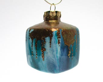 Hand Painted Blue and Turquoise Marbled Square Glass Onament with Bronze Gold Leafing UpstairsAtAliceAnns #006