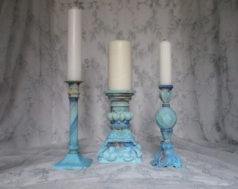 Beach Blue Boho Candle Holders / Set of 3 Hand Painted Nautical Cottage / Wedding Decor / UpstairsAtAliceAnns