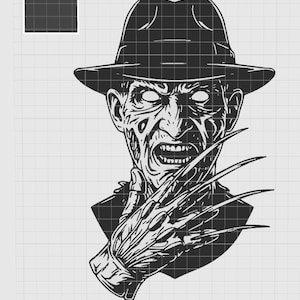 Może przedstawiać: Czarno-biała ilustracja postaci z horroru w kapeluszu fedora, ze zeszpeconą twarzą i rękawicą z ostrzami. Postać warczy, a obraz jest na tle kratki.