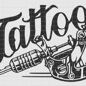 May include: Black and white graphic featuring the word "Tattoo" in a stylized script above a detailed illustration of a tattoo machine. The design is suitable for tattoo artists and enthusiasts.