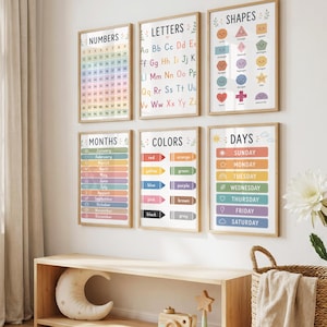 Kids Learning Print Bundle, Educational Wall Art for Kids, ABC Letters Numbers Shapes Colors Days Months Printable, Montessori Nursery Decor