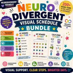 Könnte beinhalten: Ein farbenfrohes visuelles Zeitplan-Bundle mit dem Text "Neurodivergent Visual Schedule Bundle". Enthält eine Morgenroutine-Tabelle, eine Belohnungstabelle und ein Calm-Down-Toolkit. Enthält Symbole und Text für tägliche Routinen, Schule, Zuhause, Therapie und mehr.