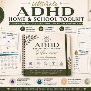 May include: A digital toolkit titled Ultimate ADHD Home & School Toolkit with 126 printable pages. Includes an ADHD Executive Function Planner, morning routine charts, reward charts, homework planners, school bag checklists, and focus trackers.