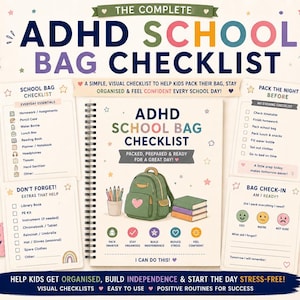 Pode incluir: Um conjunto de listas de verificação imprimíveis para mochilas escolares TDAH com uma capa em espiral que mostra uma mochila verde, listas de tarefas e ícones coloridos. O texto inclui ADHD SCHOOL BAG CHECKLIST, PACKED, PREPARED & READY.