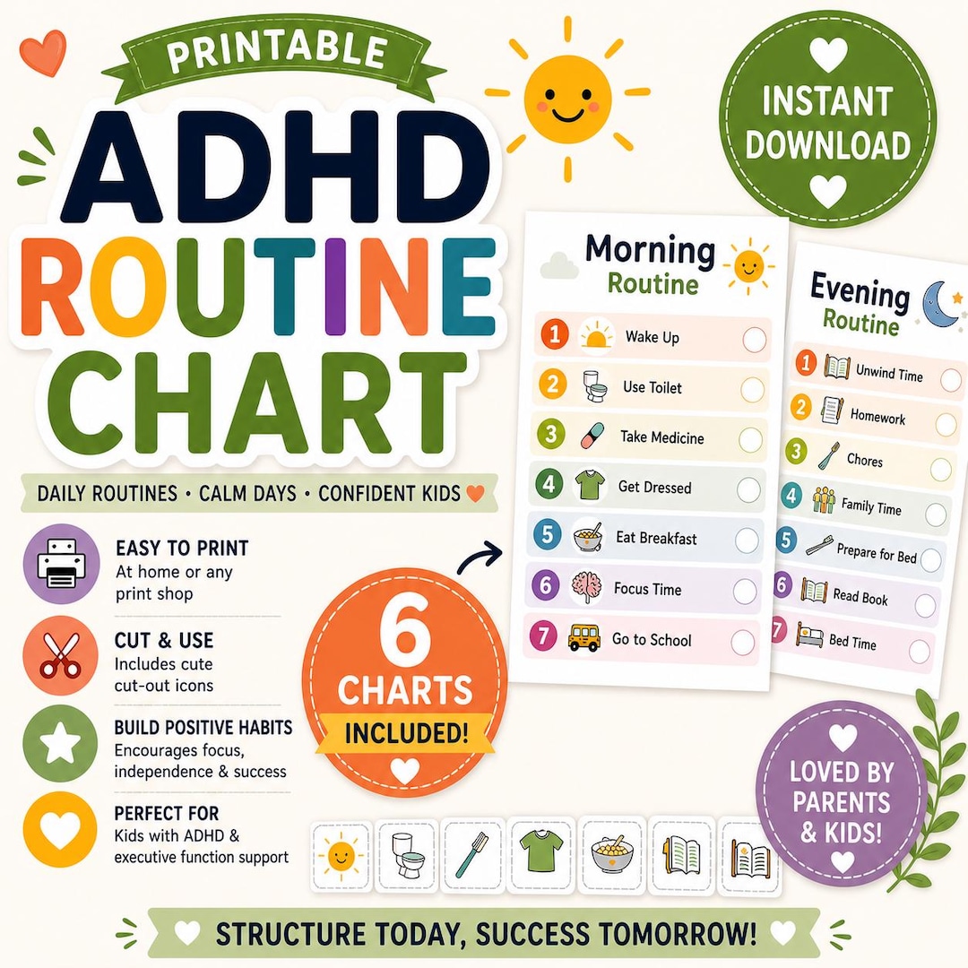 Adhd Routine Tools ADHD Routine Chart for Kids Printable, Visual Schedule for ADHD Child ...