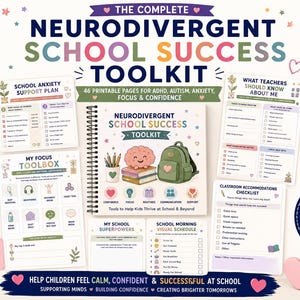 Peut inclure: Un ensemble de 46 pages imprimables intitulé Neurodivergent School Success Toolkit comprenant des fiches, des listes de contrôle et des emplois du temps visuels. La couverture montre un cerveau, un sac à dos vert et des livres illustrés.
