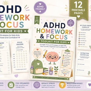 May include: A printable ADHD homework and focus toolkit for kids featuring 12 pages including checklists, a focus tracker, a distraction buster plan, and a brain break choice board. The cover displays a cartoon brain with glasses and a backpack.
