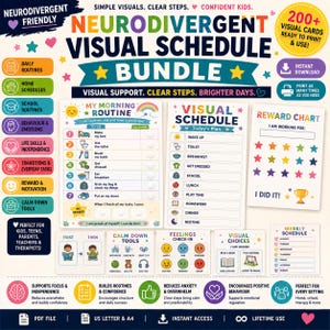 May include: A neurodivergent friendly visual schedule bundle featuring printable charts, morning routines, reward charts, and calm down tools. The collection includes colorful icons, text labels, and checklists designed to support daily routines, emotional regulation, and task management for children.