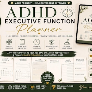 Könnte beinhalten: Ein digitaler ADHS-Planer für exekutive Funktionen mit über 46 Seiten für Fokus und Klarheit. Das Layout enthält Abschnitte für tägliche Schwerpunkte, wöchentliche und monatliche Übersichten, Aufgabenpriorisierung, Brain-Dumps und Gewohnheitstracker.