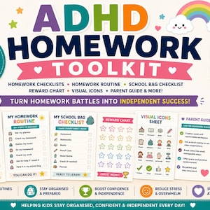 May include: An ADHD homework toolkit featuring eight printable pages with checklists, routines, a reward chart, visual icons, and a parent guide. The colorful design includes text like ADHD HOMEWORK TOOLKIT and TURN HOMEWORK BATTLES INTO INDEPENDENT SUCCESS, with various icons like stars, rainbows, and clouds.