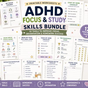 Kit de herramientas para tareas y concentración para niños con TDAH / Material imprimible sobre funciones ejecutivas para niños / Paquete de habilidades de estudio / Apoyo escolar para niños con autismo y neurodivergencia
