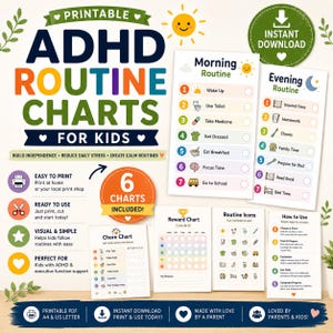 May include: A set of printable ADHD routine charts for kids, including morning, evening, and chore charts with numbered steps, icons, and a reward chart. The colorful design features text such as Morning Routine, Evening Routine, and Chore Chart.