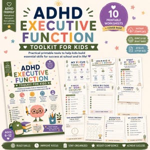May include: A digital ADHD Executive Function Toolkit for kids featuring 10 printable worksheets and a cover page. The set includes checklists for focus, work, study space, and time management, with colorful graphics and text for ages 6-12.