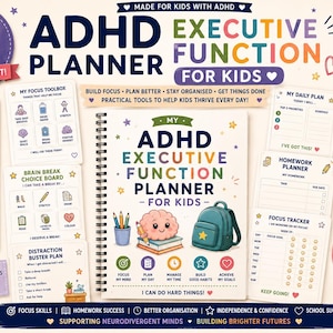 Puede incluir: Un planificador de funciones ejecutivas para niños con TDAH de 12 páginas imprimibles, con una portada de espiral que muestra un cerebro y una mochila. El set incluye hojas de trabajo como caja de herramientas de enfoque y planificador diario.