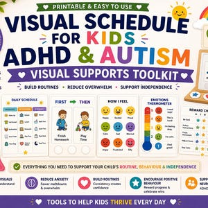 Könnte beinhalten: Ein druckbares visuelles Zeitplan-Toolkit für Kinder mit ADHS und Autismus, das über 18 Seiten mit Tagesplänen, Erst-Dann-Boards, Gefühlsthermometern und Belohnungstabellen umfasst, gestaltet mit bunten Symbolen und erklärendem Text.