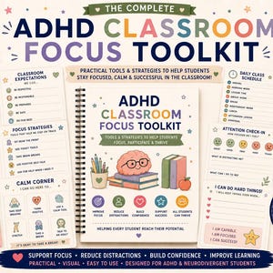 May include: A digital ADHD classroom focus toolkit featuring a spiral-bound workbook with a brain illustration, surrounded by printable pages including classroom expectations, daily schedules, and calm corner tools with colourful icons and text.