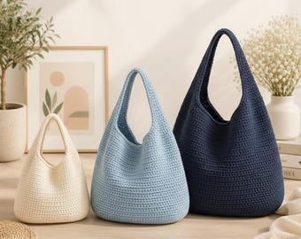 Patrón de bolso hobo de ganchillo, tutorial para bolso holgado, instrucciones digitales en PDF, 3 tamaños, bolso de hombro minimalista azul marino (descarga gratuita)