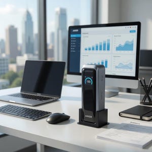 Könnte beinhalten: Eine silber-schwarze Anker-Ladestation mit digitaler Anzeige, die 100 % Ladung anzeigt, auf einer schwarzen Basis. Ein Laptop, eine Tastatur, eine Maus und ein Monitor mit Diagrammen stehen auf einem weißen Schreibtisch.