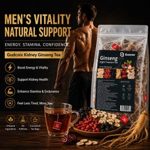 Könnte beinhalten: Werbung für Gudcoix Kidney Ginseng Tee. Das Bild zeigt einen muskulösen Mann, ein Glas Tee, einen Teebeutel und eine Schüssel mit Zutaten. Der Text enthält "Men's Vitality Natural Support" und "Boost Energy & Vitality."