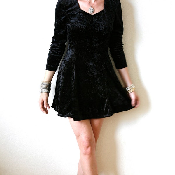 Black Crushed Velvet Mini Swing Dress Goth Grunge Medium Vintage 90s