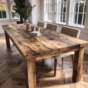 May include: A rustic wooden dining table with a distressed finish. The table is rectangular, with thick legs and a surface made of reclaimed wood planks. Three beige chairs are positioned around the table. The table is approximately 244 cm long.